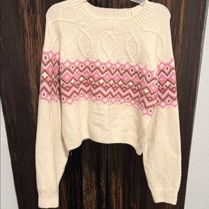 No Boundaries Cream and Pink Geometric Sweater